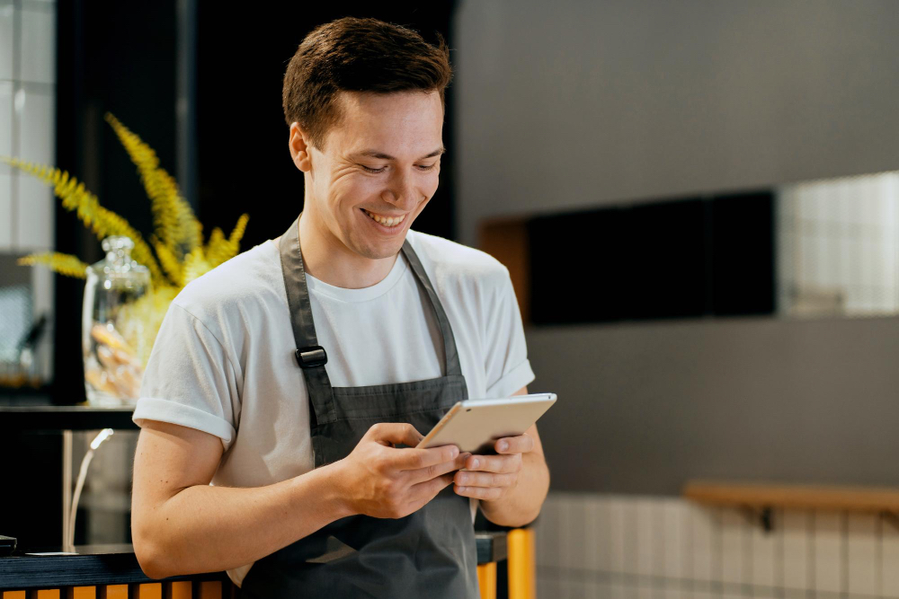 Comerciante en su local con tablet